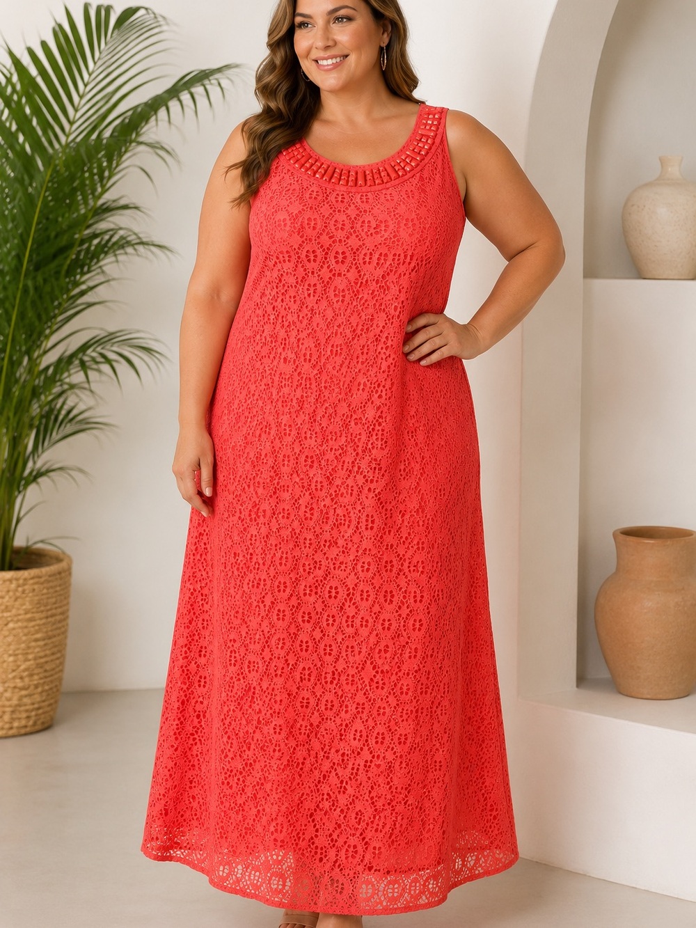 Sandra Darren Coral Lace Embellished Maxi Dress 18W NWT Plus Size
